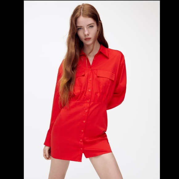 zara red shirt dress Zara Zara Pink Red Chain Print Belted Midi Shirt Dress